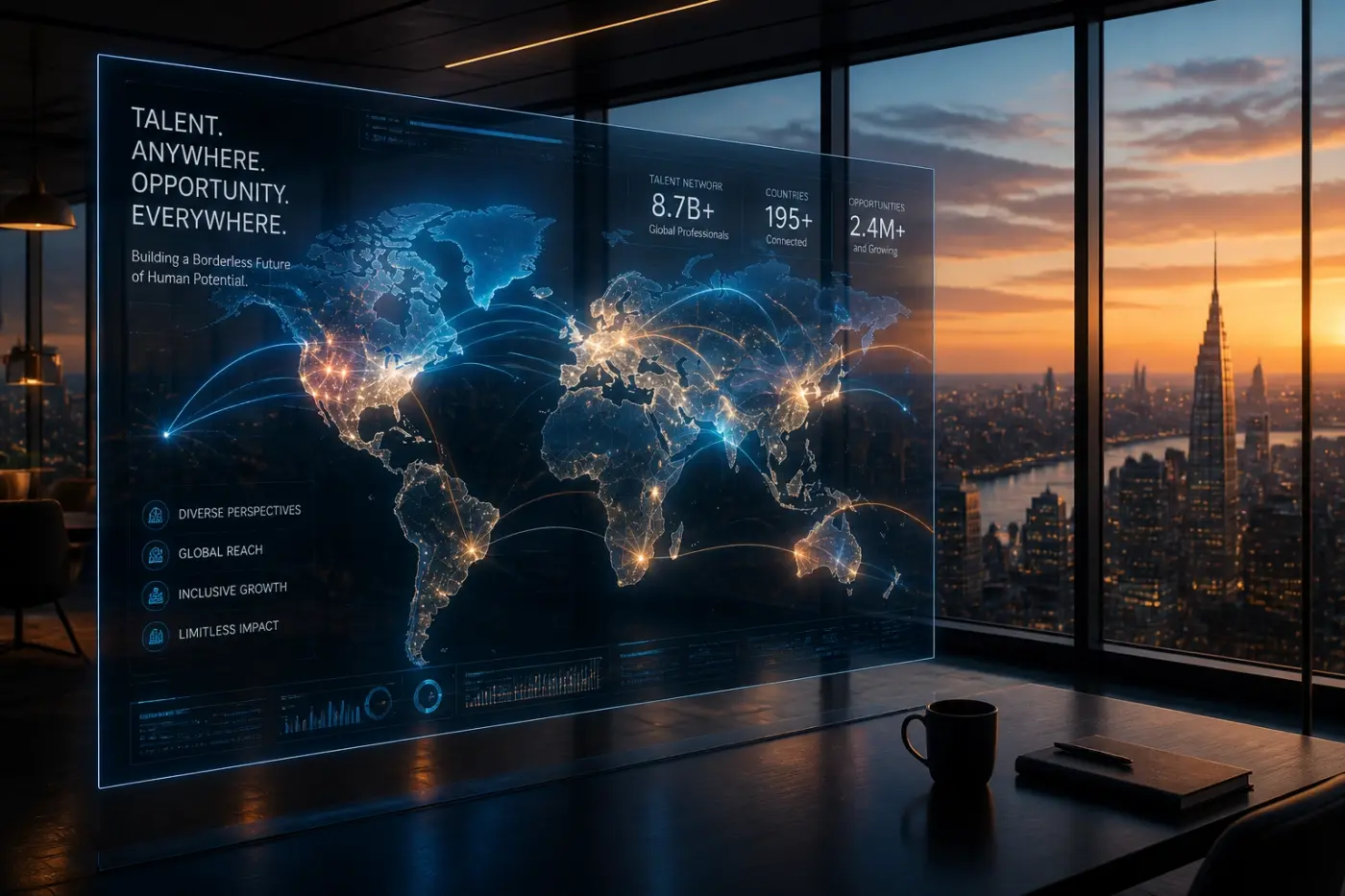 Modern law office interior with a digital map representing remote legal staffing and global talent search.