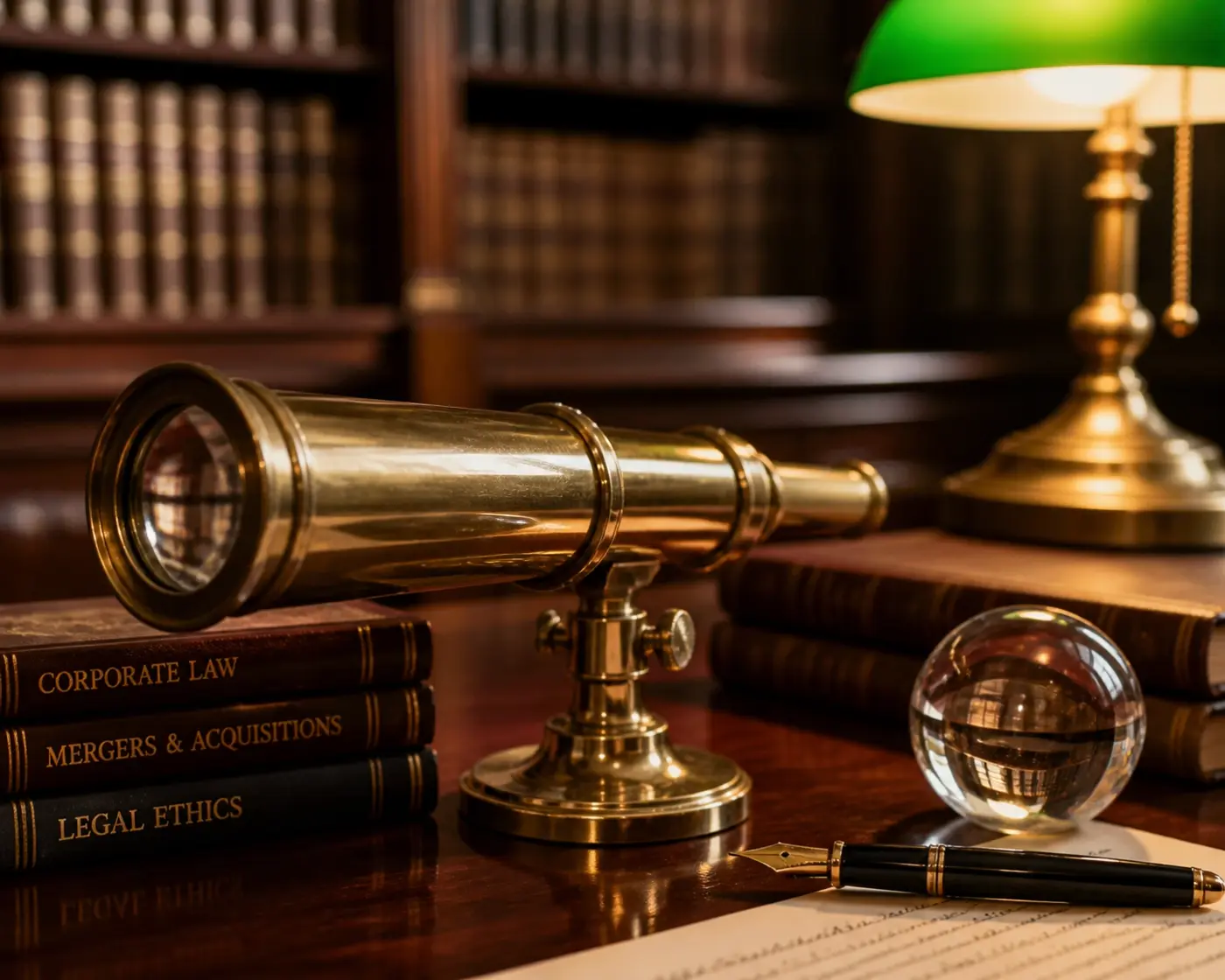 A brass telescope in a legal library symbolizing strategic attorney headhunter search for elite talent.
