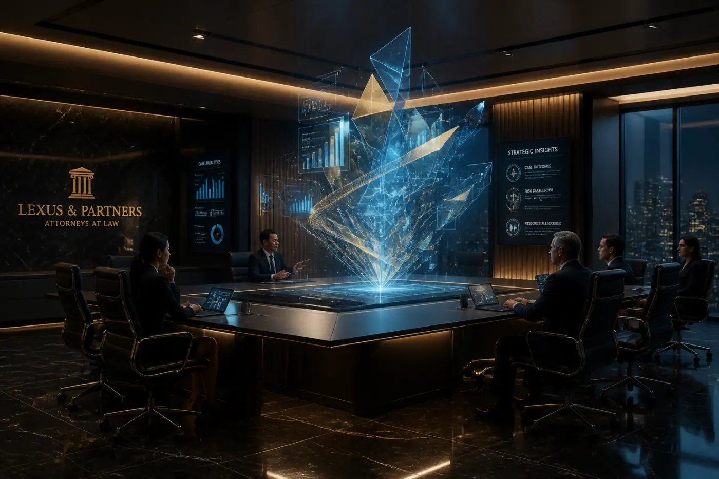 Advanced data visualization in a boardroom showing legal recruitment trends and staffing analytics.