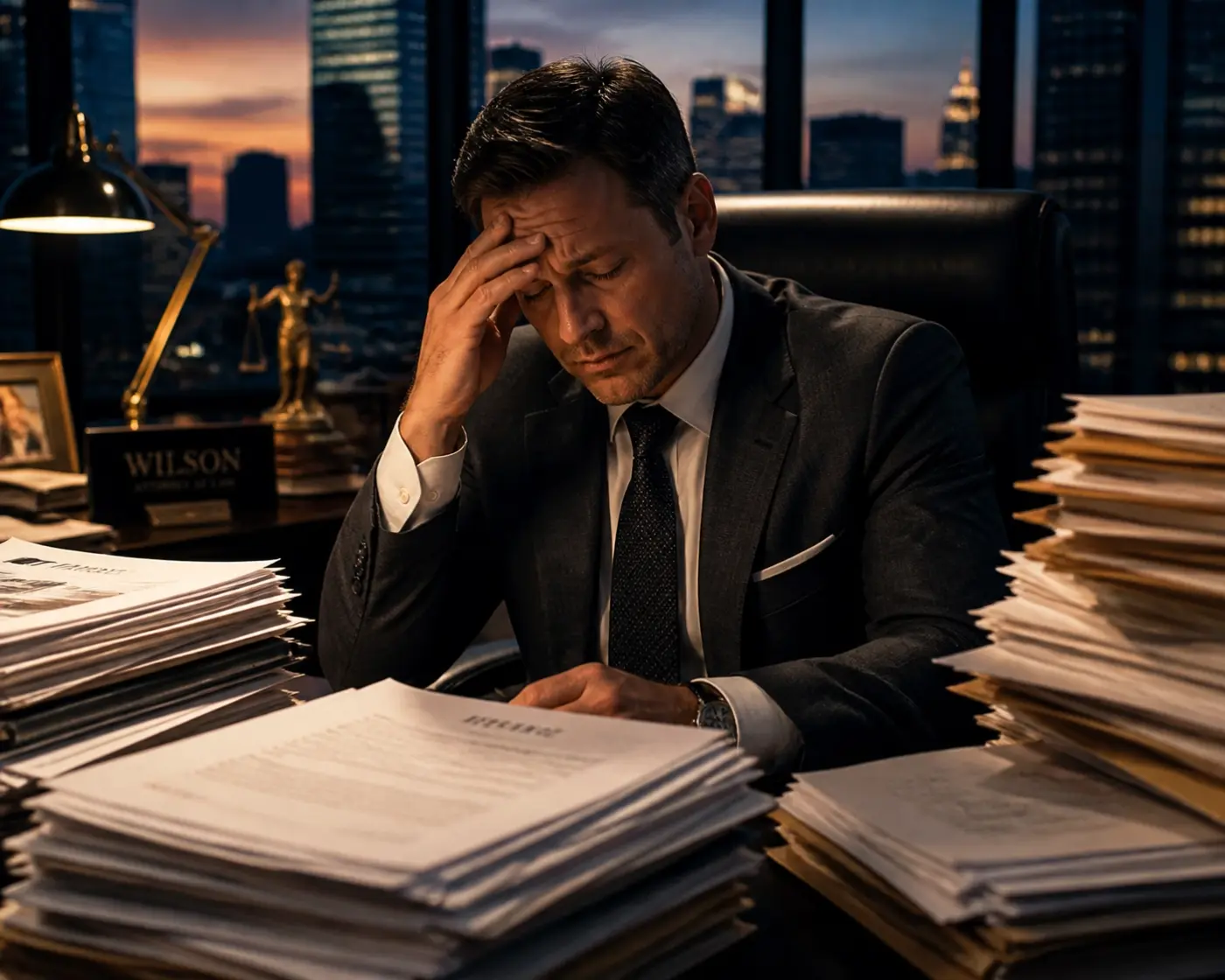 An exhausted attorney reviewing stacks of resumes at his desk, highlighting law firm hiring burnout.