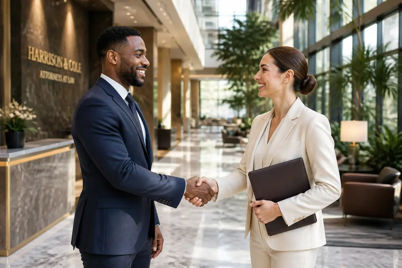 A legal recruiter and attorney candidate shaking hands in a modern law firm lobby.