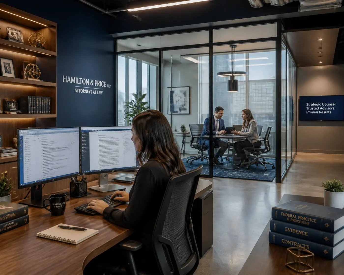Productive legal professionals and paralegals working in a modern, high-tech law firm office environment.