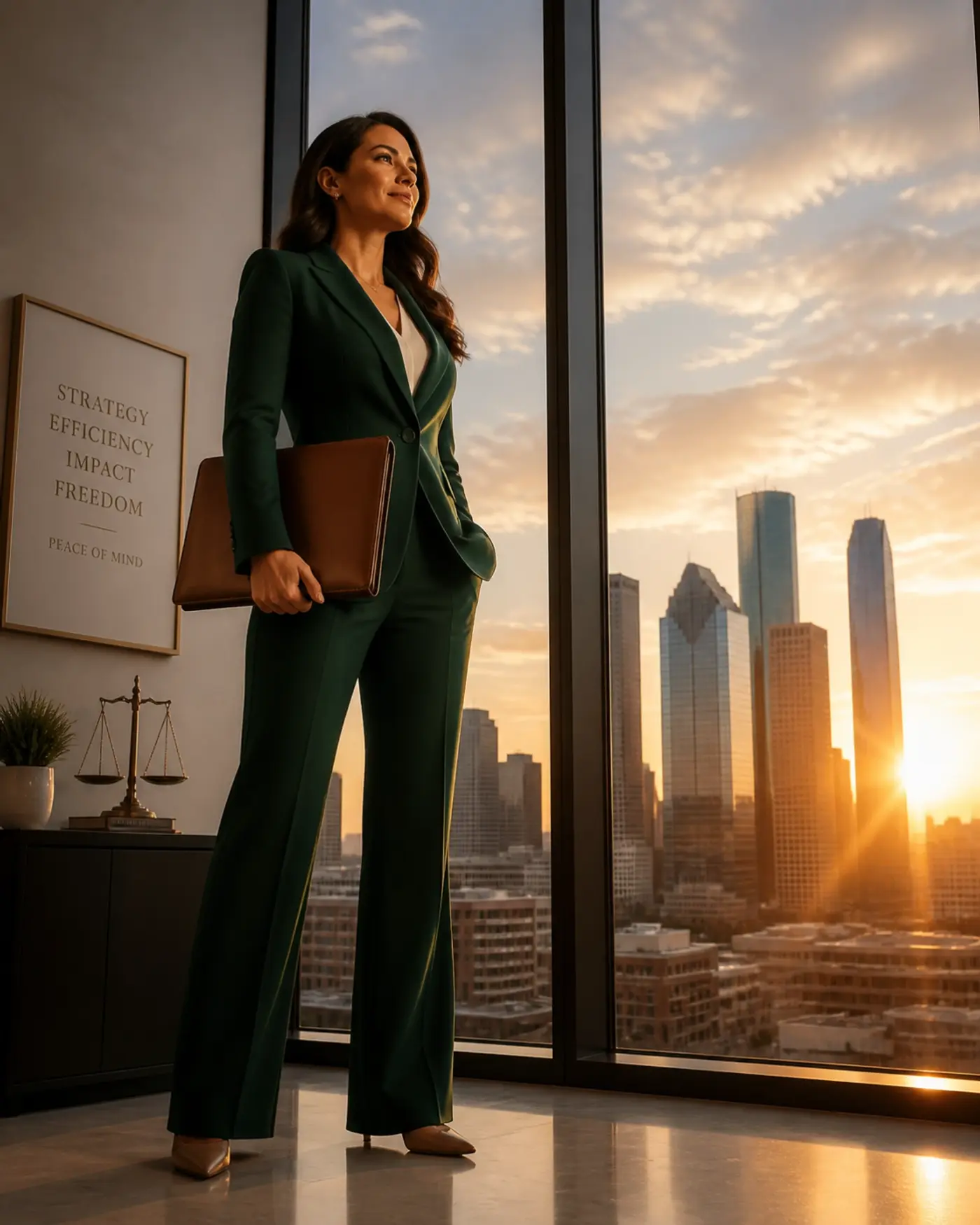 A successful Houston law firm partner looking at the skyline, representing legal practice growth.
