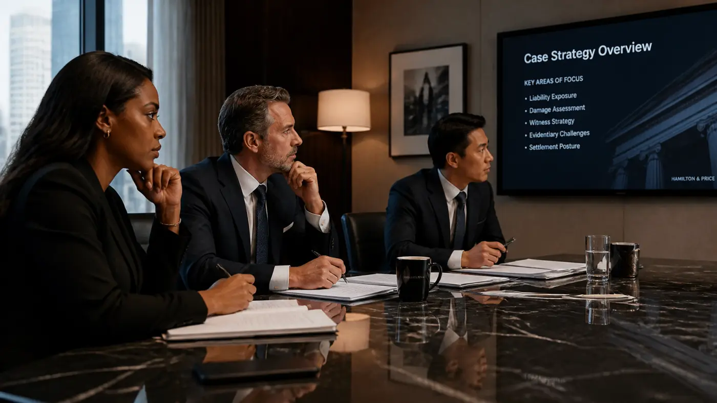Attorneys in a high-stakes strategy meeting, representing elite legal talent