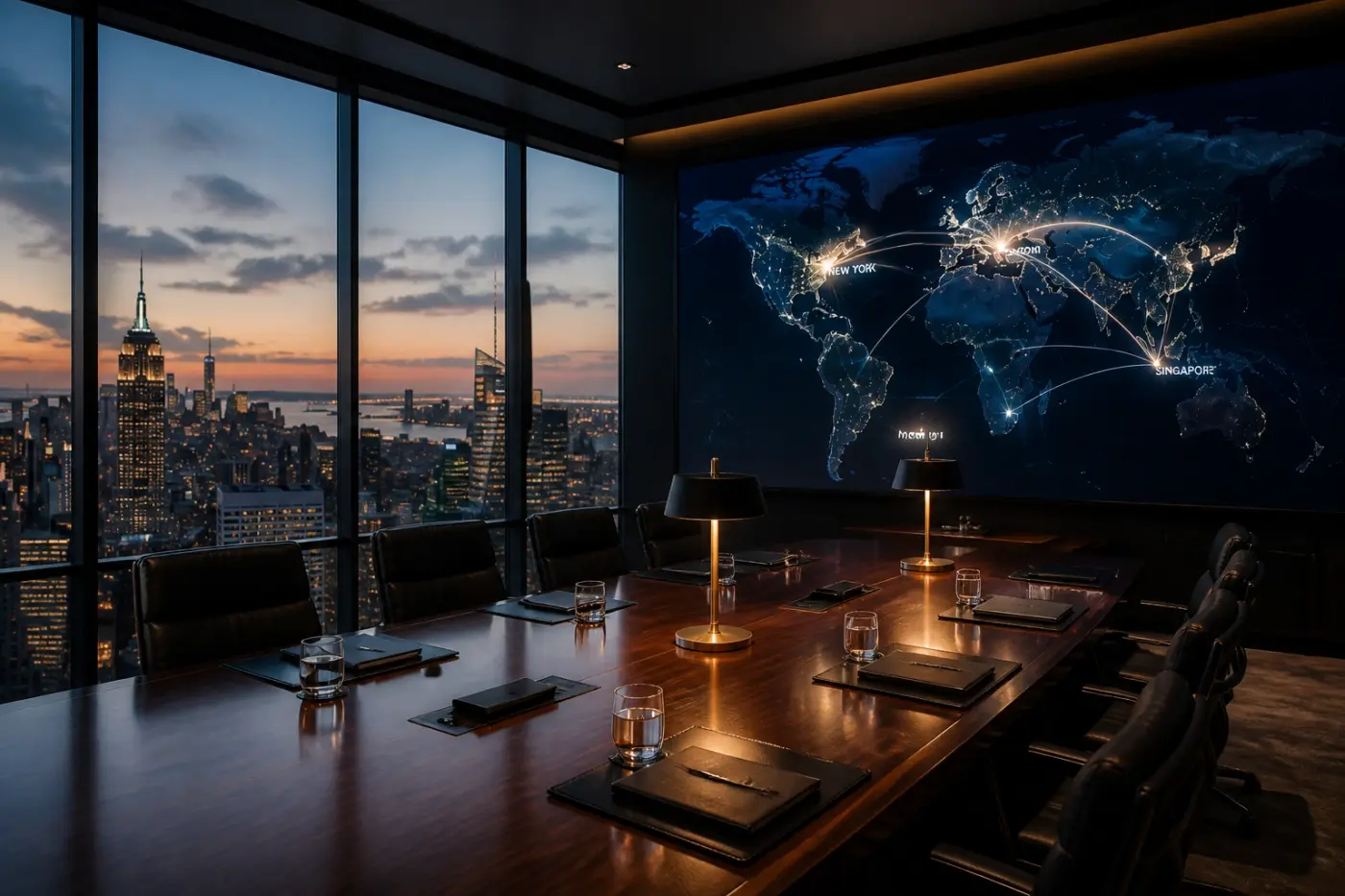 Global digital map in an executive boardroom illustrating international tax law and global legal strategy.
