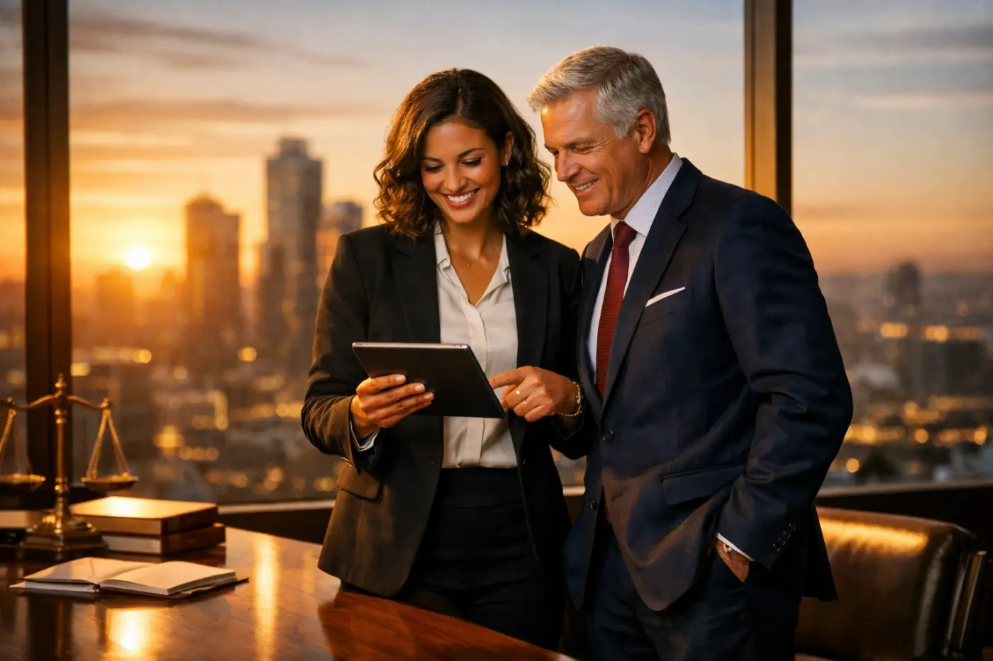 A legal consultant and law firm partner collaborating on a hiring strategy for top-tier legal recruiting results.