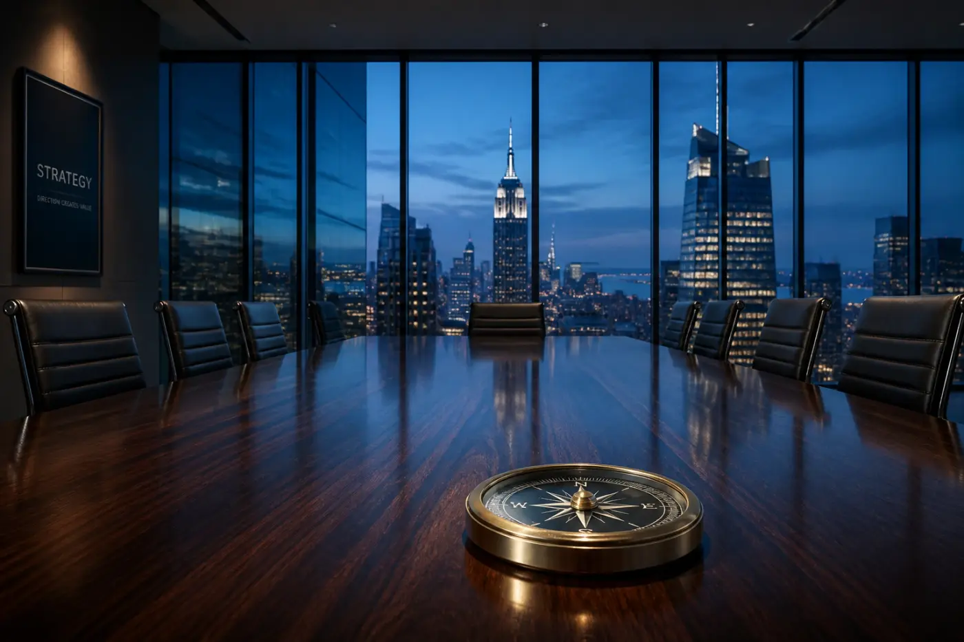 A gold compass in a boardroom, representing the strategic path offered by legal staffing solutions.
