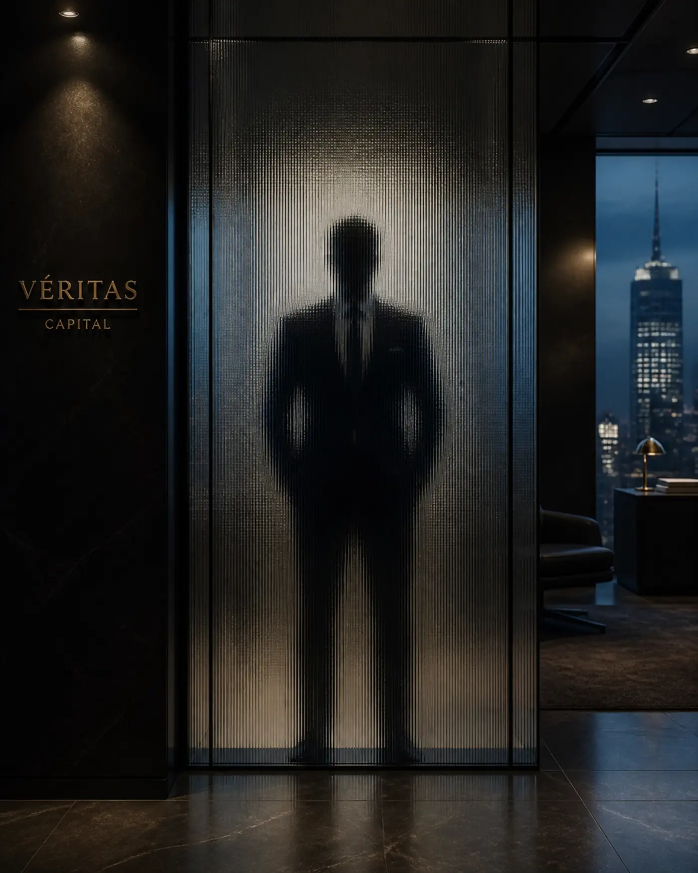 Professional behind frosted glass, illustrating the privacy and confidentiality of legal recruitment firms.