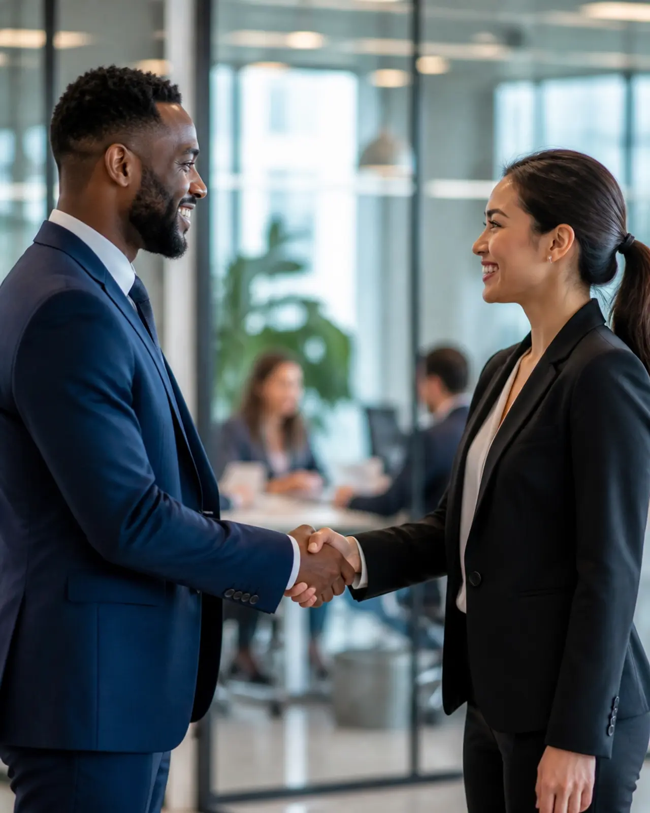 Two professionals shaking hands in a modern office, representing a successful direct-hire partnership.