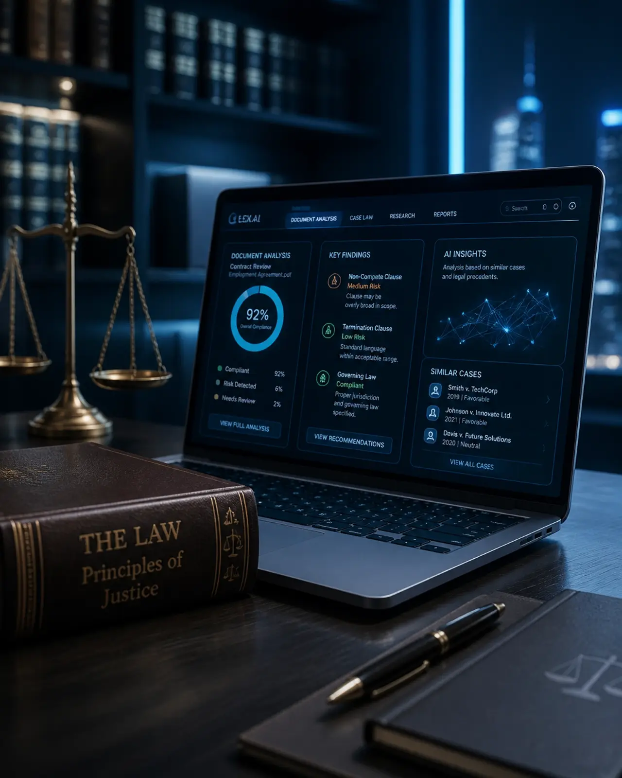 A modern laptop and a law book, symbolizing the blend of traditional law and new AI technologies.