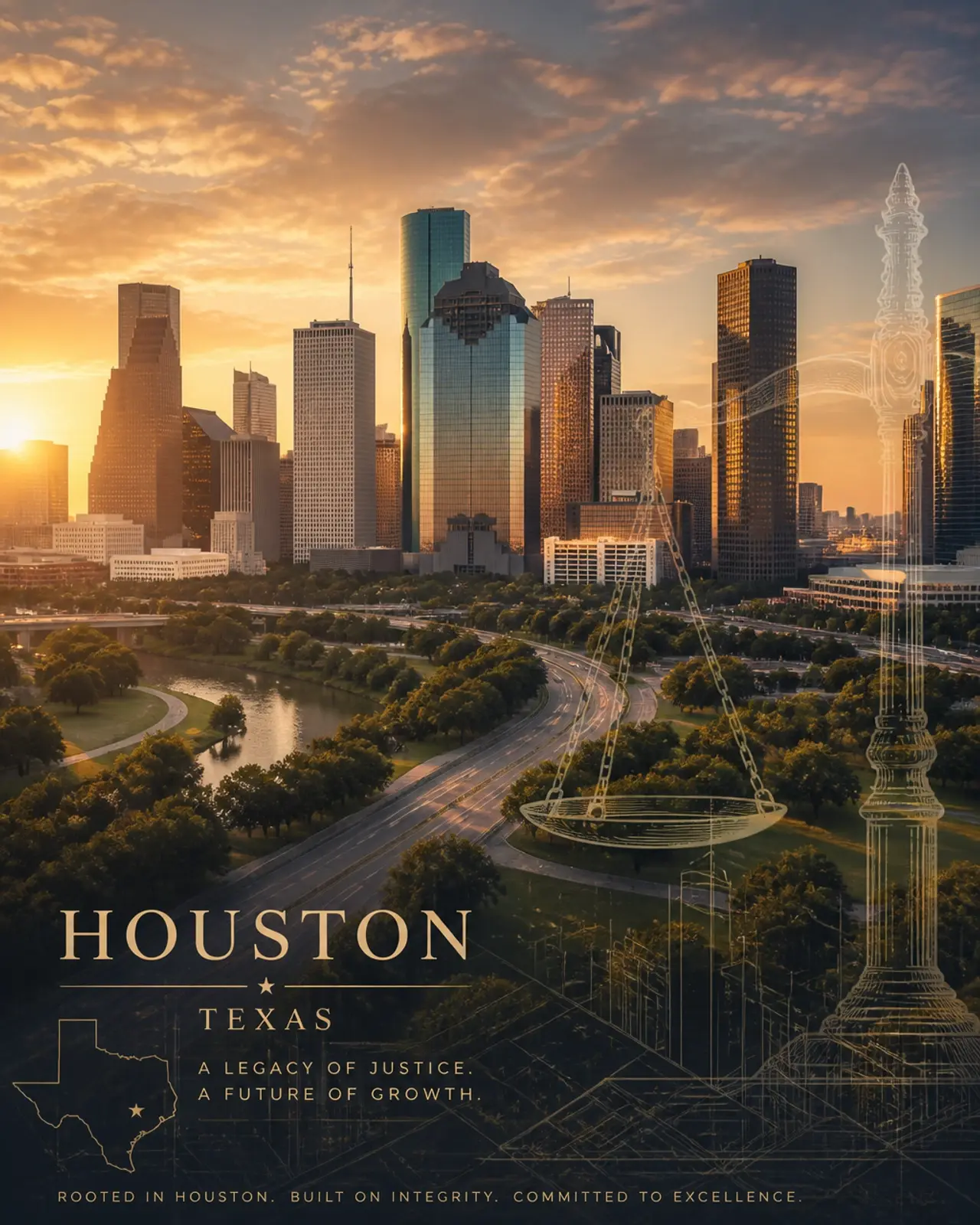 The Houston skyline at golden hour, representing the booming local legal market.
