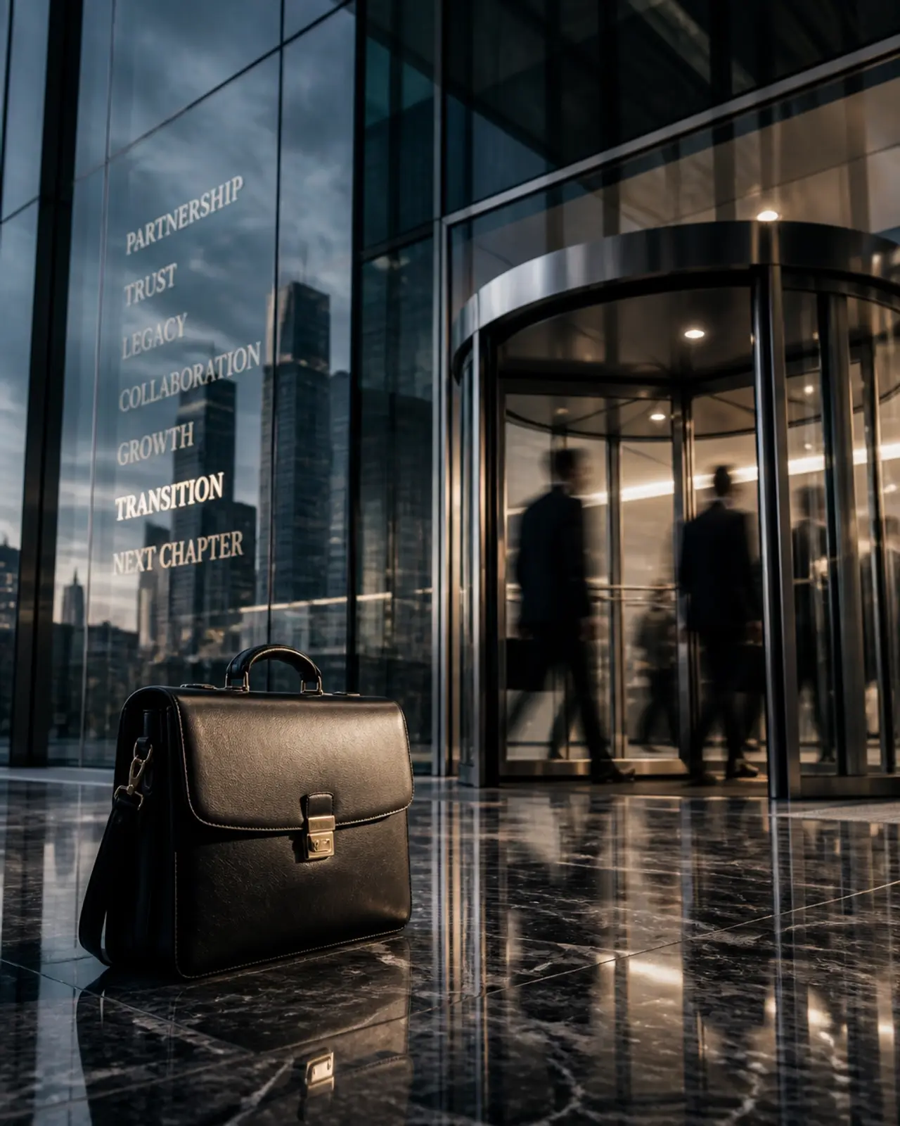A symbolic image of partner churn in the legal industry. A modern glass skyscraper reflecting a blurred revolving door.