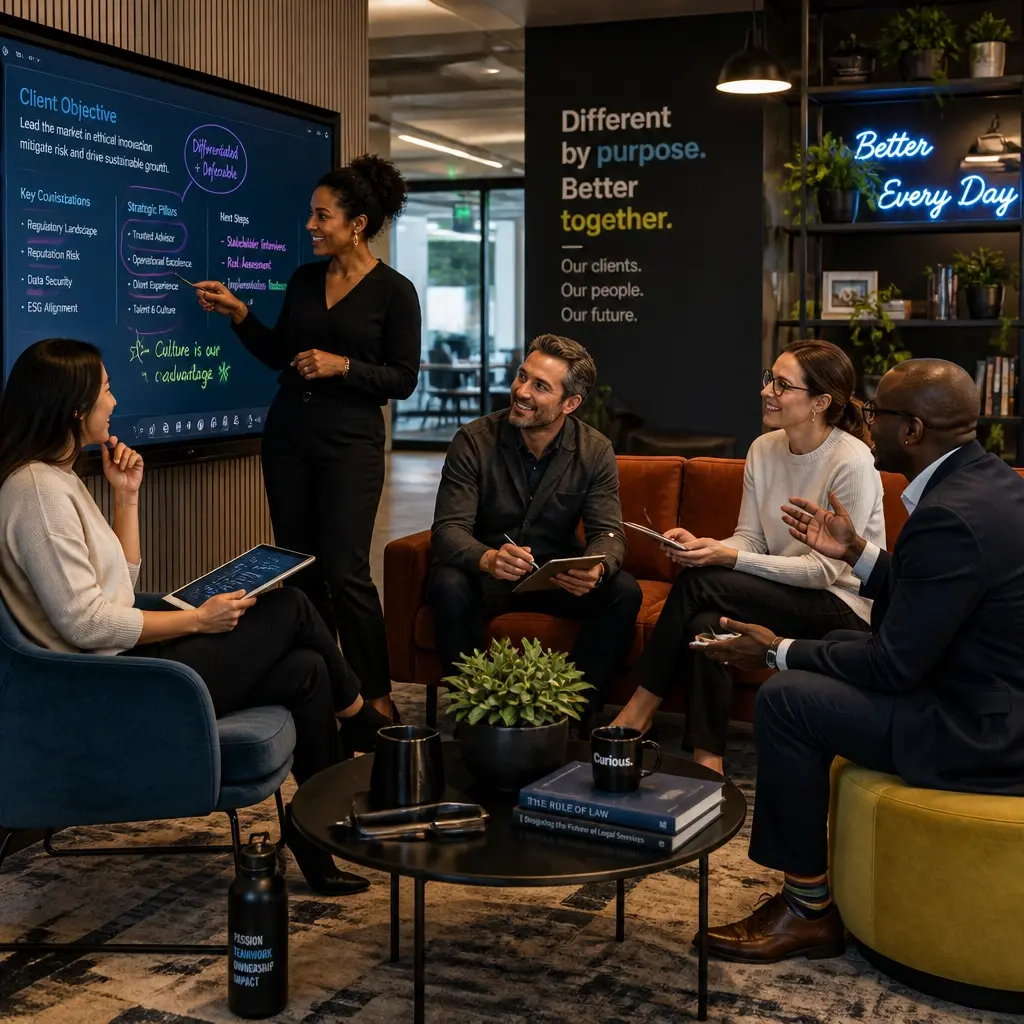 A group of diverse legal professionals in their 30s and 40s having a collaborative discussion in a modern 'third space' lounge of a law firm.