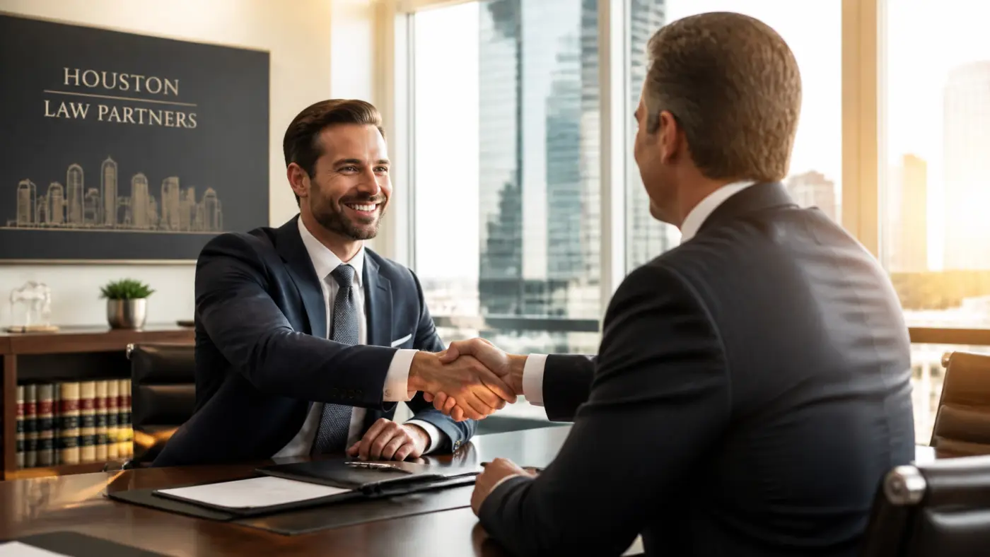 A professional Houston legal recruiter in a sharp suit shaking hands with a law firm partner in a sophisticated, sun-drenched conference room.