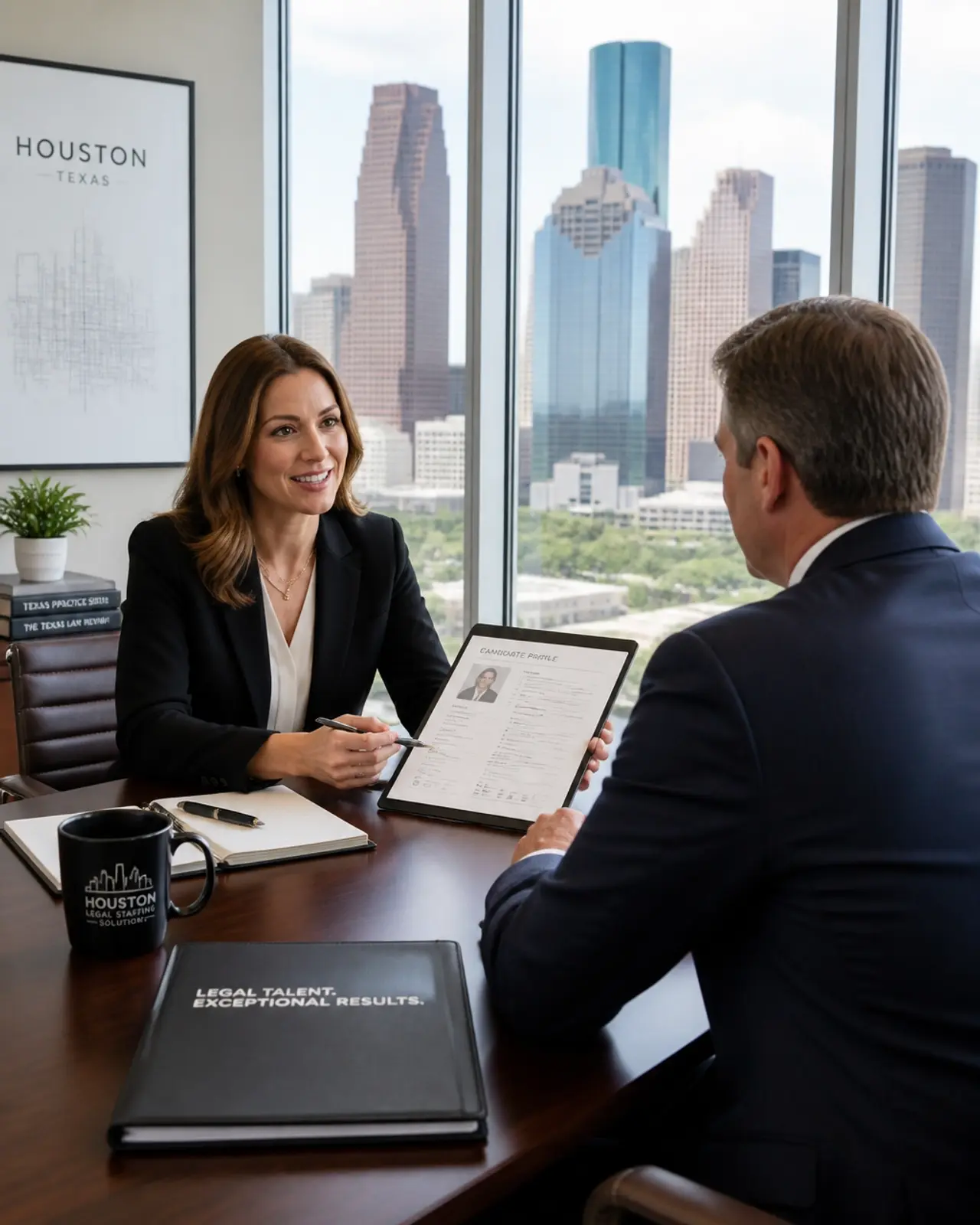 A Houston legal recruiter discussing candidate profiles with a law firm partner