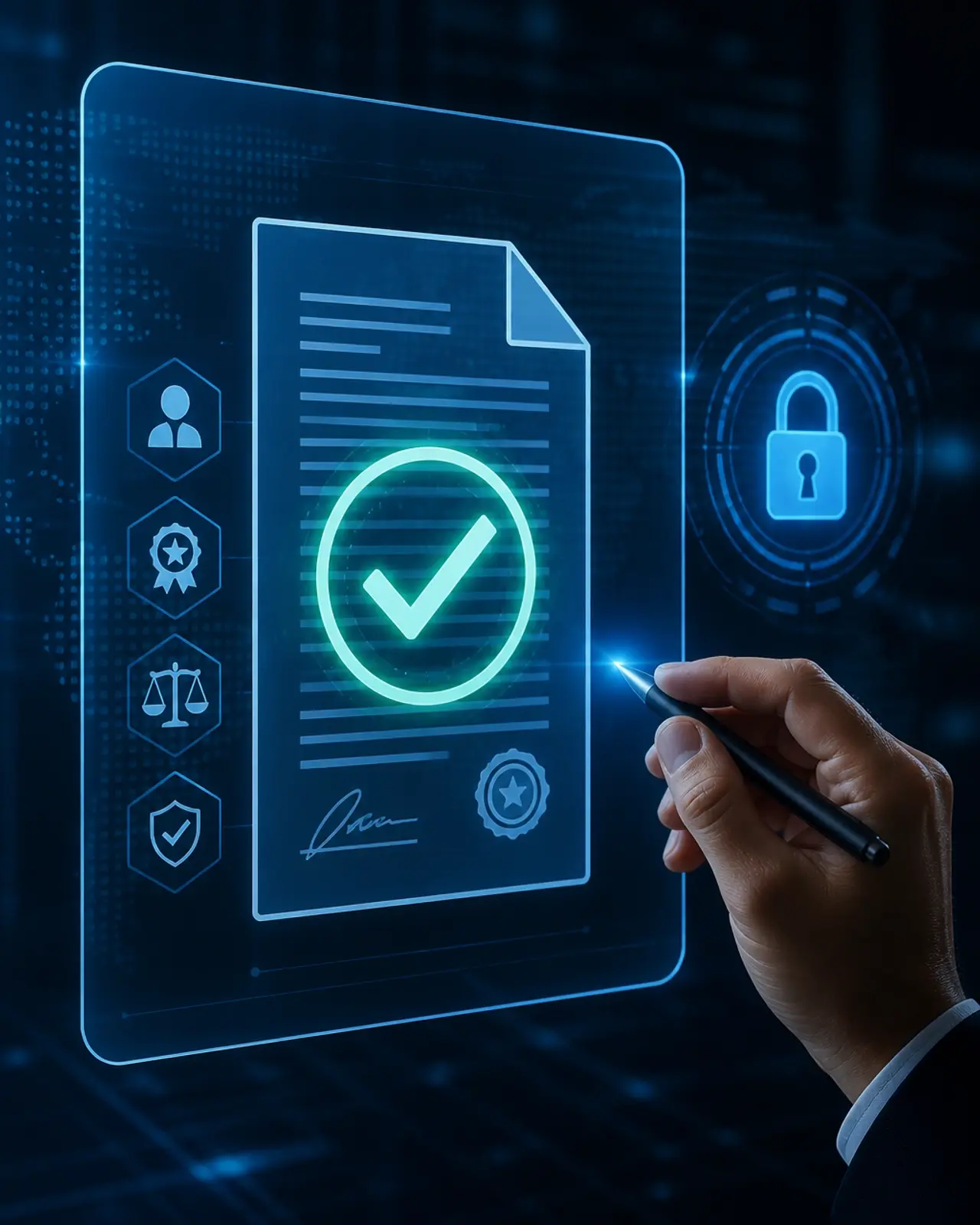 Conceptual image of digital vetting and security protocols for remote legal work
