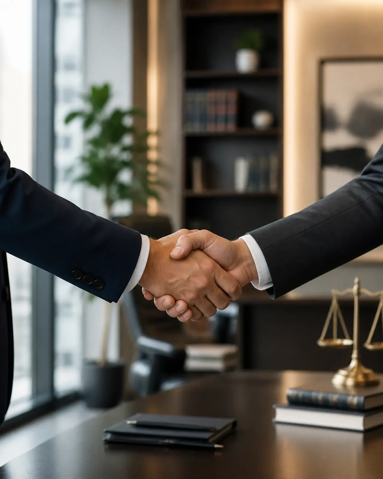 Strategic partnership handshake representing a successful legal recruitment engagement