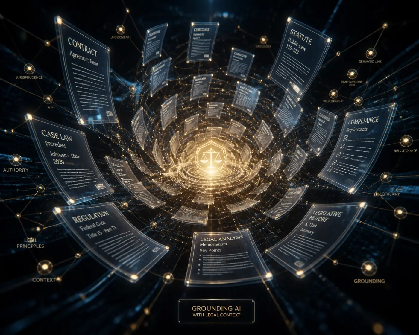 Visual representation of interconnected legal documents and data nodes for AI contextual grounding.