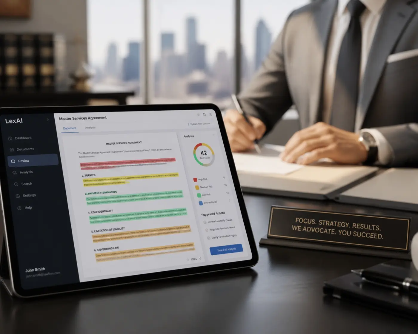 Lawyer using a tablet for AI-powered legal contract analysis and heat mapping in a modern law office.