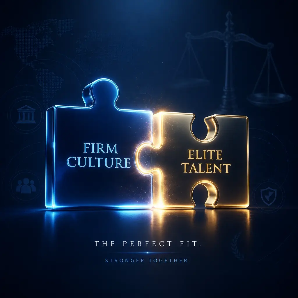 An abstract representation of 'The Perfect Fit' showing two puzzle pieces, Firm Culture and Elite Talent, merging perfectly.