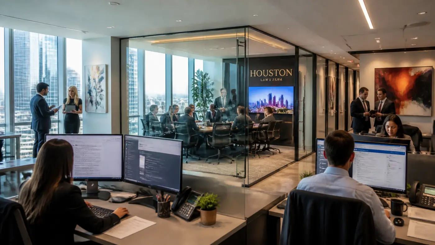 Attorneys and paralegals working in a modern, collaborative Houston law office, highlighting the energy of a growth-oriented firm.