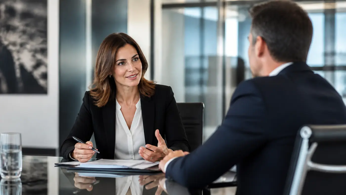 A professional legal recruiter interviewing a high-caliber candidate in a modern glass office