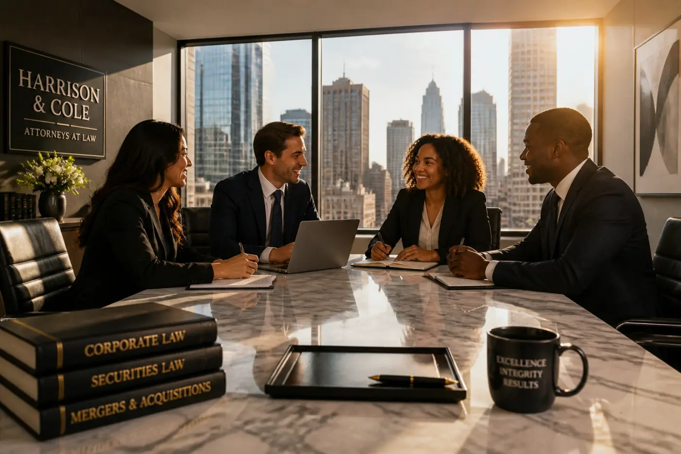 Diverse legal team collaborating in a boardroom to showcase cultural alignment in legal staffing solutions.