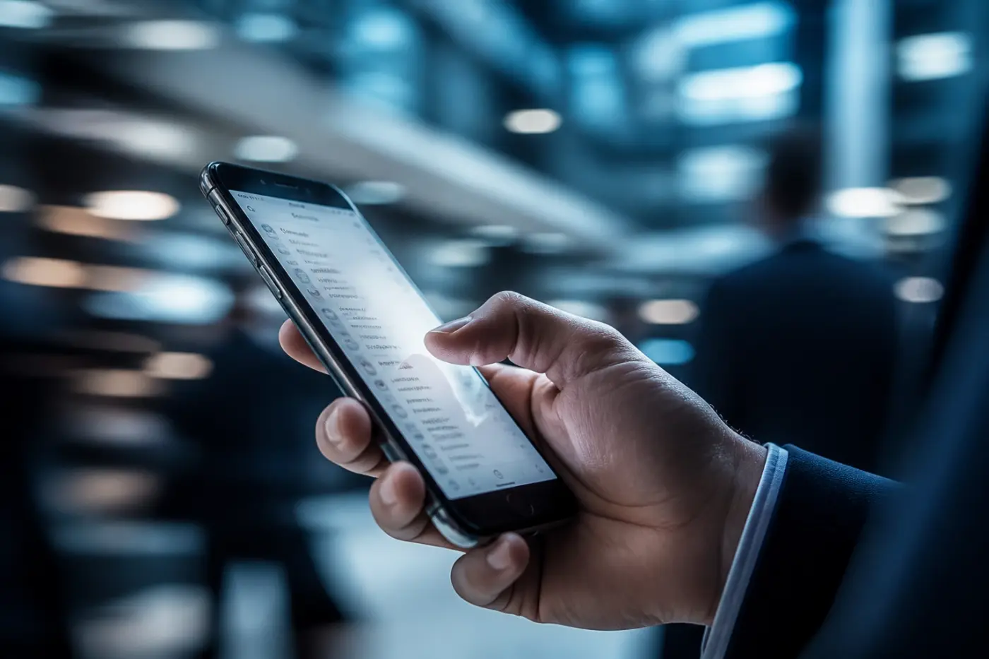 Attorney using a mobile device for efficient communication during the law firm recruitment process.