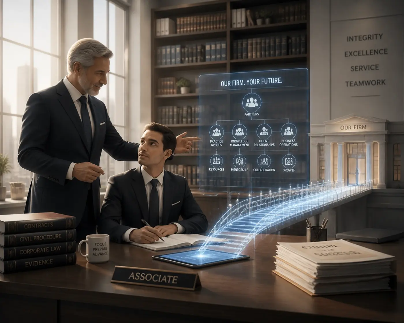 Senior lawyer mentoring a new associate to illustrate effective onboarding and legal recruiting success.