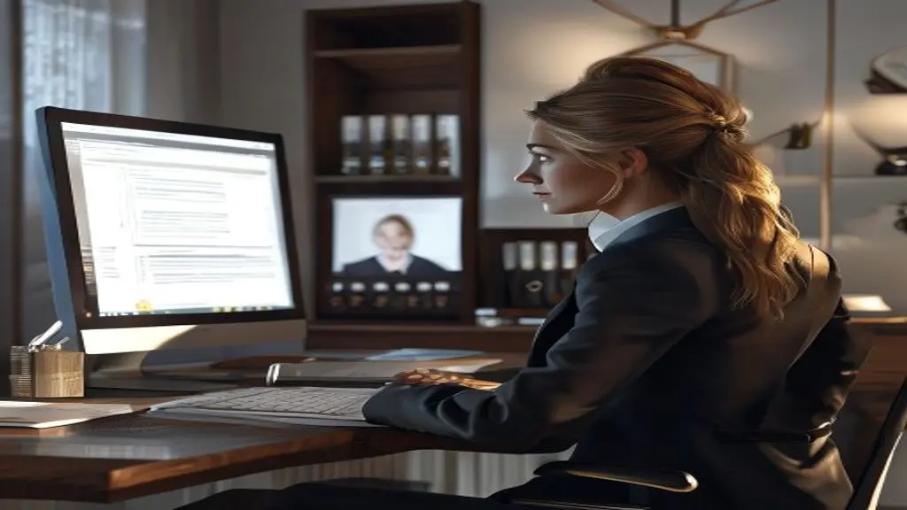 A professional attorney working from a sleek home office with multiple monitors, appearing focused and productive. The lighting is warm and the setting is upscale.