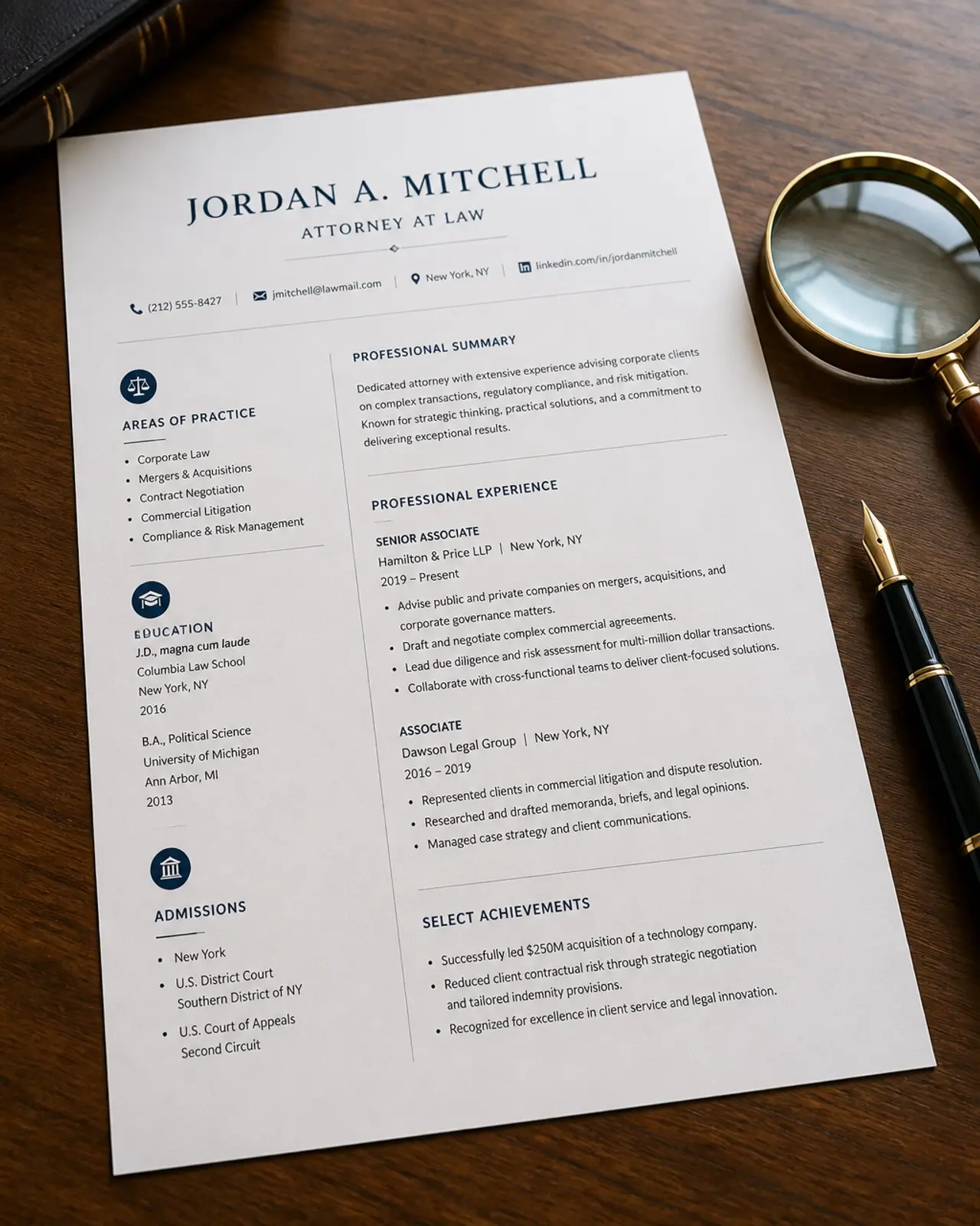 A close-up of a high-quality legal resume on a polished wooden desk with a magnifying glass, symbolizing meticulous candidate screening.