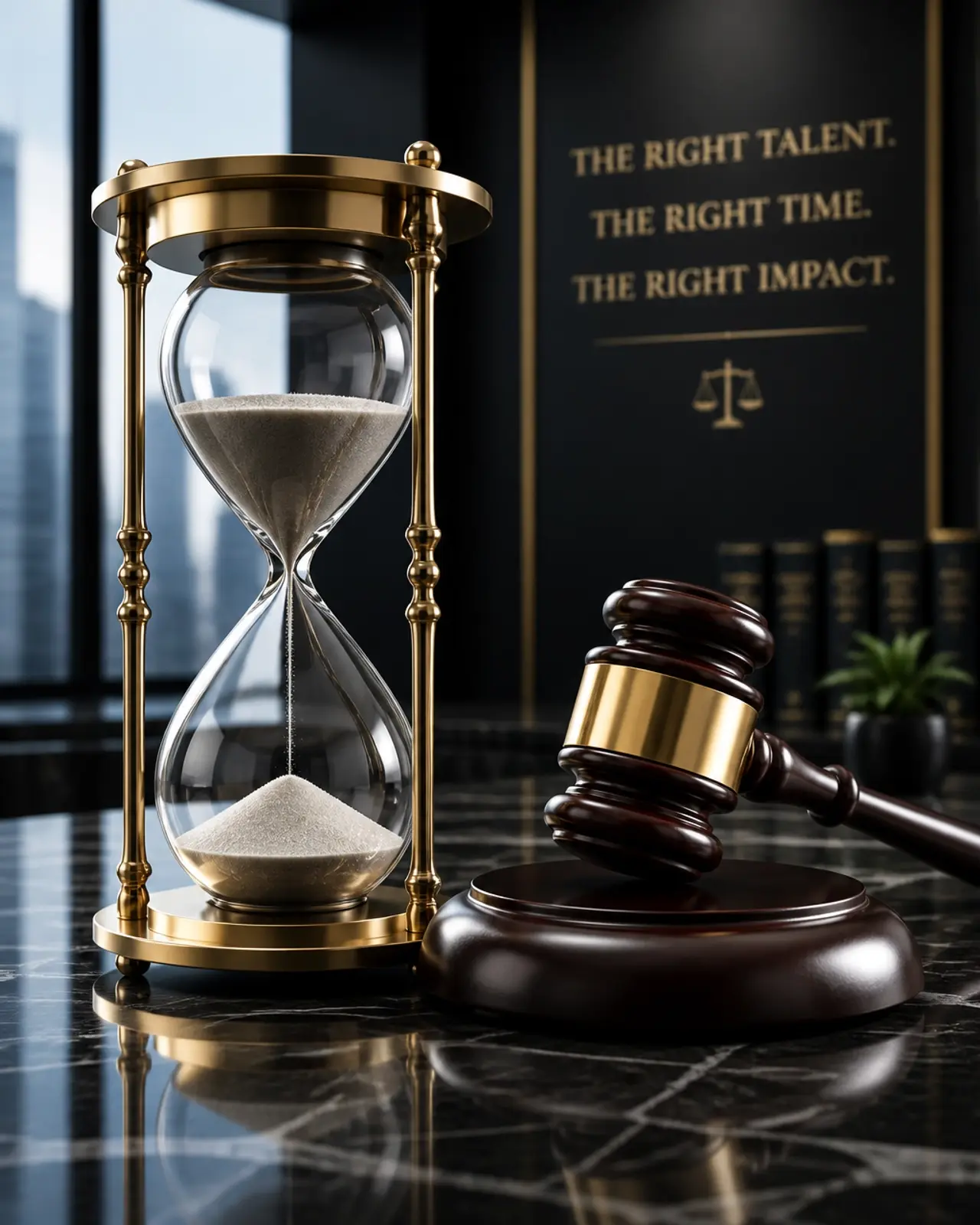 An hourglass and a legal gavel on a marble desk, representing the importance of speed and efficiency in legal hiring.