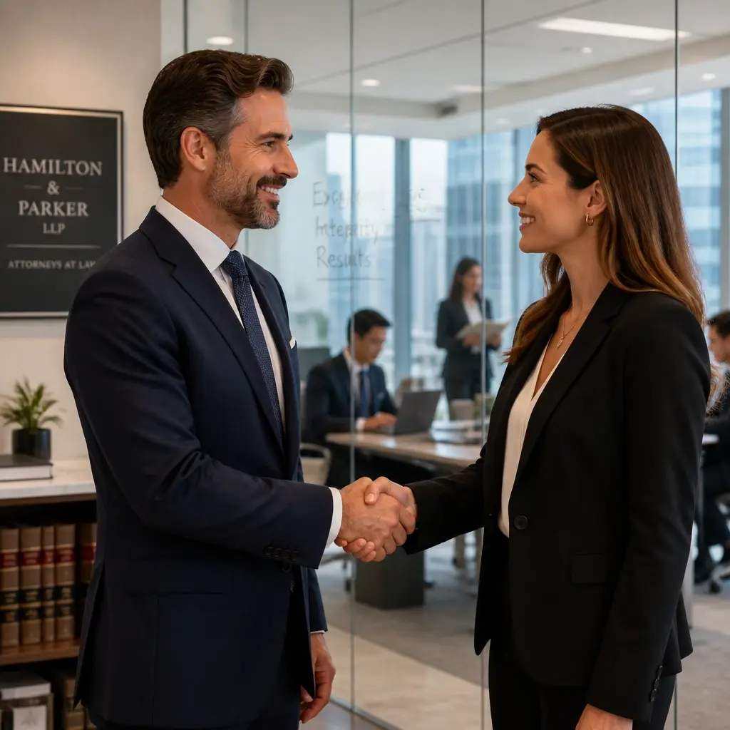 A law firm partner and a legal recruiter shaking hands in a modern office, symbolizing a successful partnership.