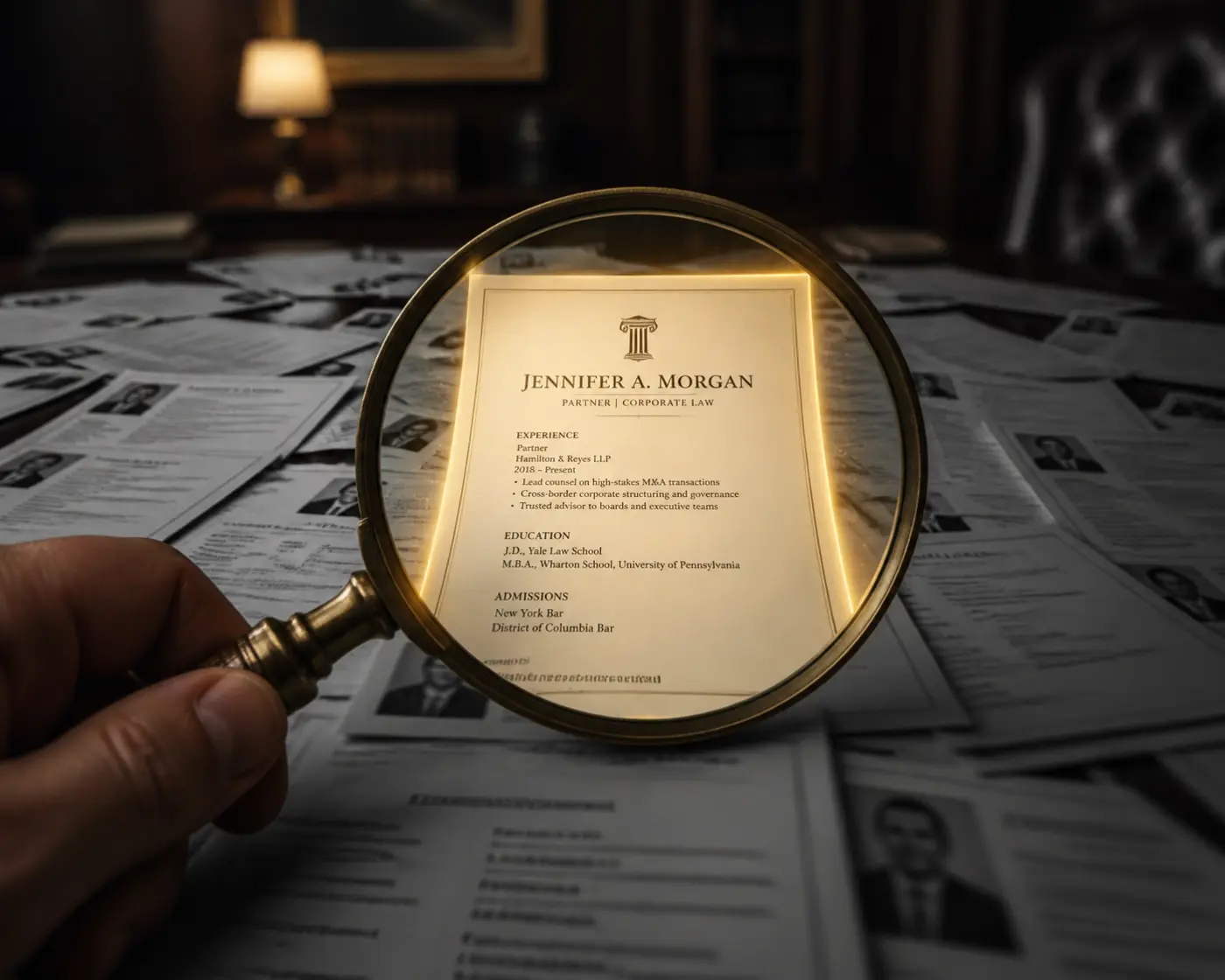 Magnifying glass focusing on a glowing legal document to illustrate precision in executive attorney headhunting.