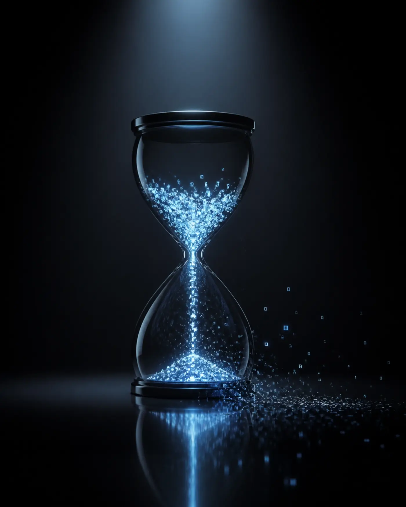An hourglass leaking glowing particles symbolizing the loss of candidate momentum due to slow feedback.
