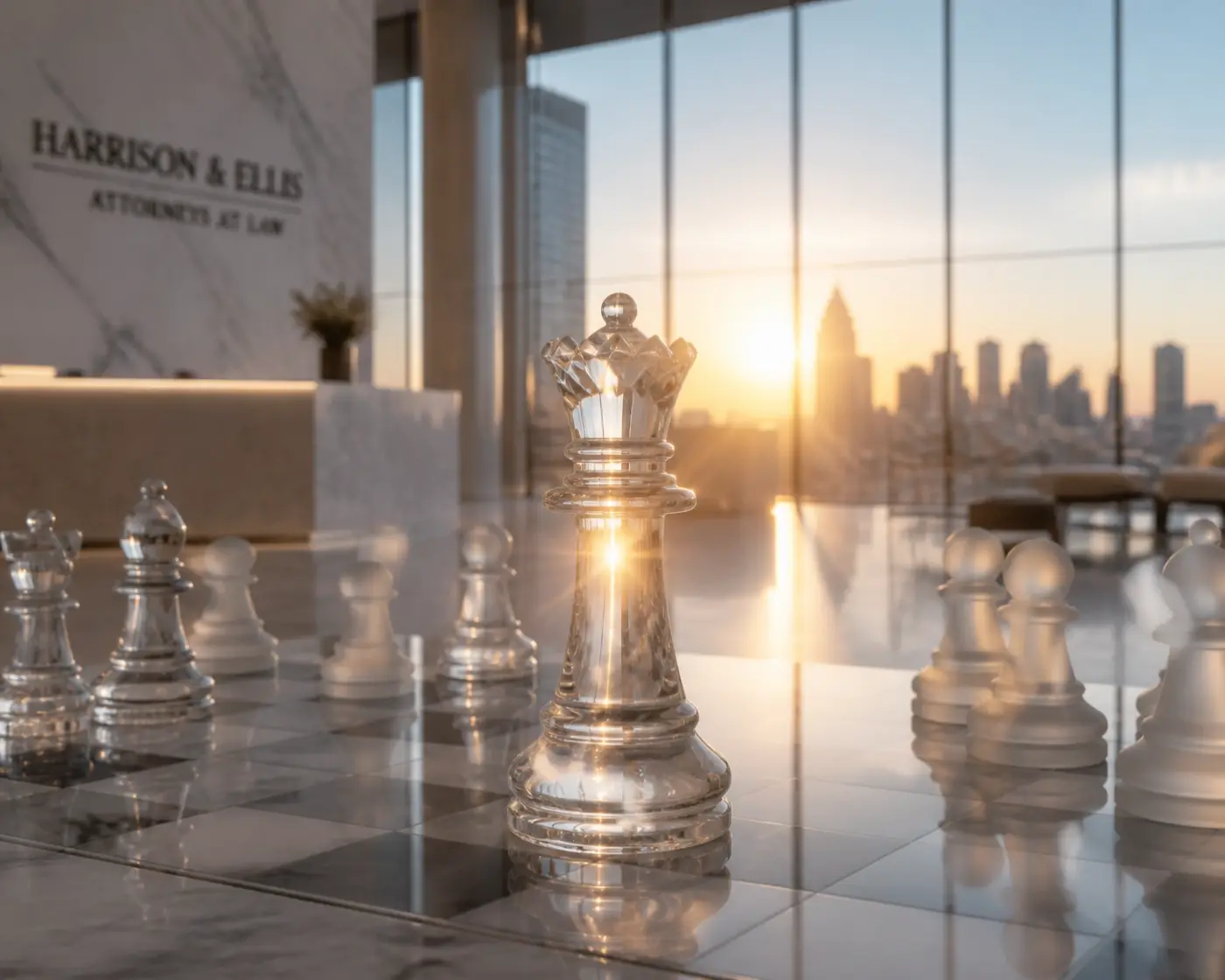 A crystal chess set in a modern law firm lobby illustrating long-term strategic legal talent planning.