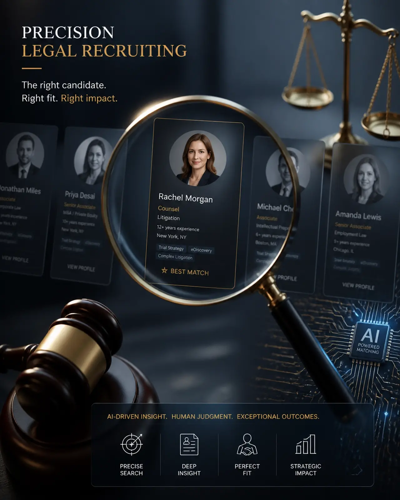 A conceptual image representing precision legal recruiting with a magnifying glass and legal icons.