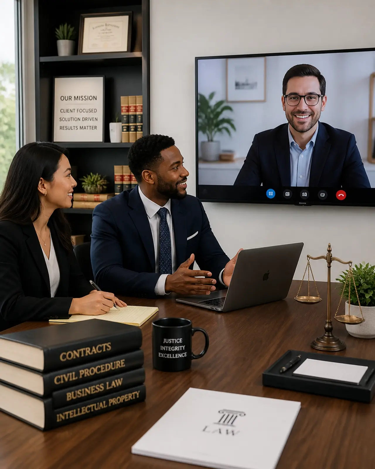 A diverse legal team collaborating in a hybrid/remote setting with video conferencing screens.