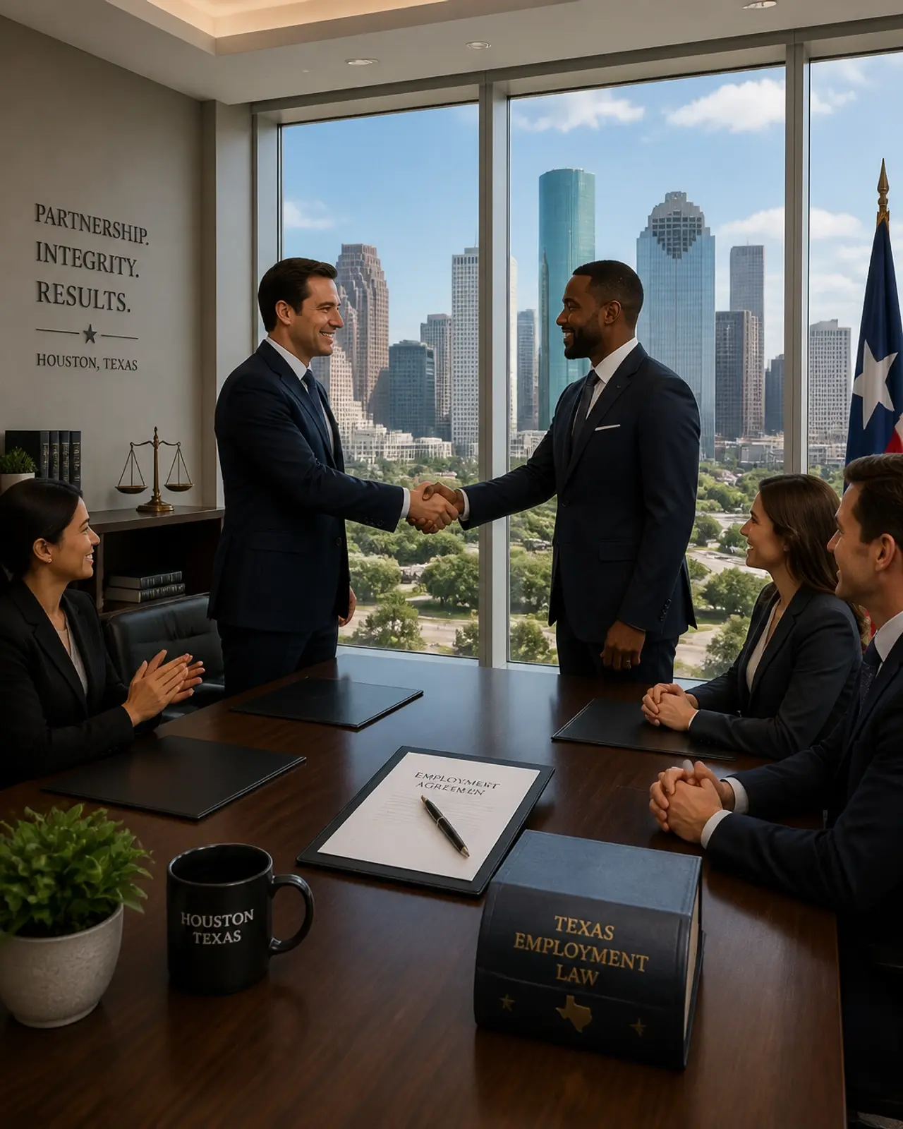 A modern legal conference room in Houston with professionals shaking hands after a successful hire.