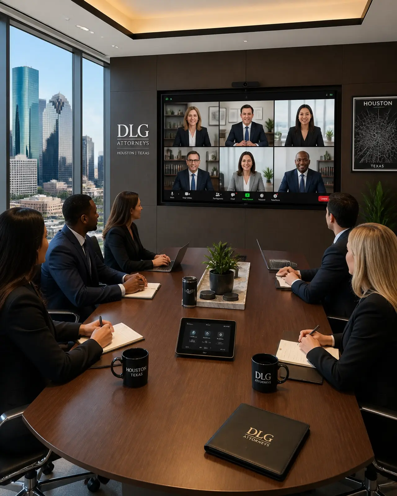 A modern hybrid boardroom with professionals on screen and in person