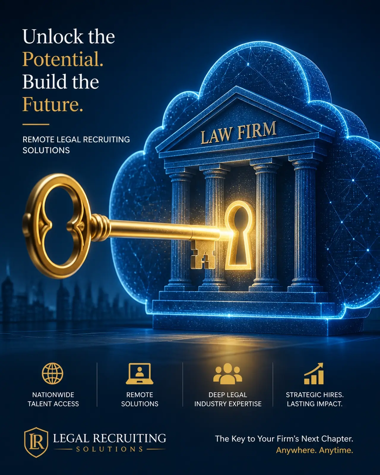 A conceptual golden key unlocking a digital law firm cloud