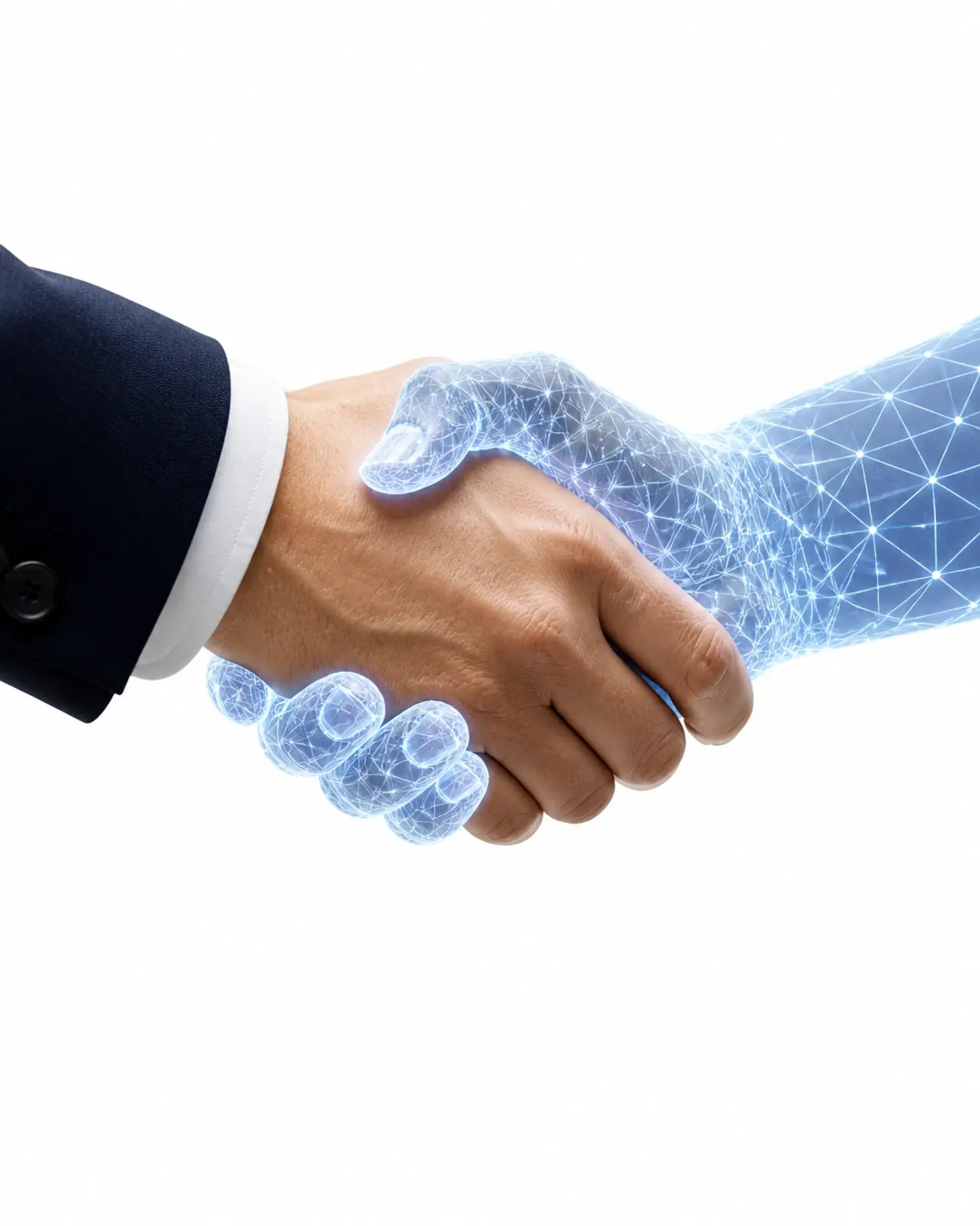 A physical hand and a digital hand shaking in partnership