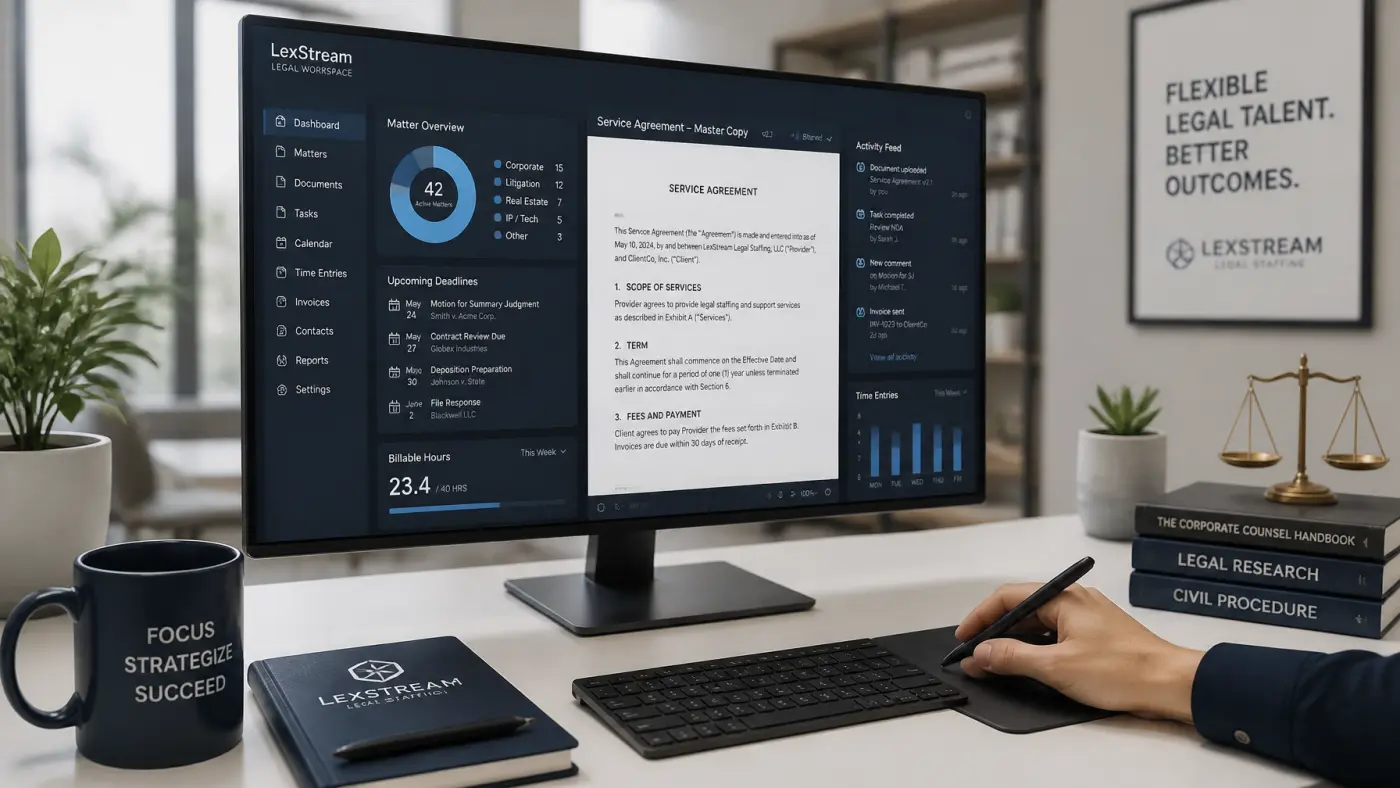 High-tech remote legal staffing setup