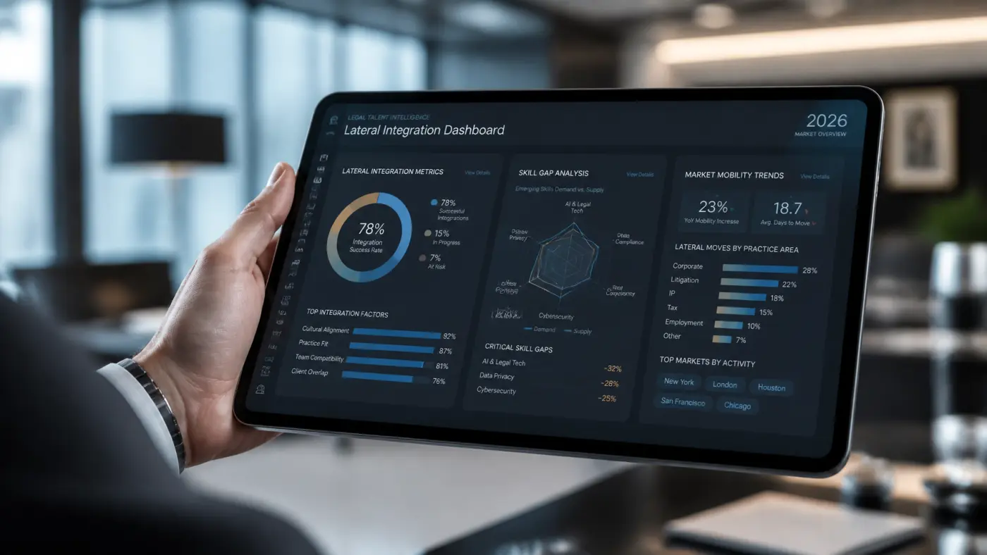 A legal recruiter’s hand holding a tablet displaying a data dashboard of talent metrics and skill gap analysis.