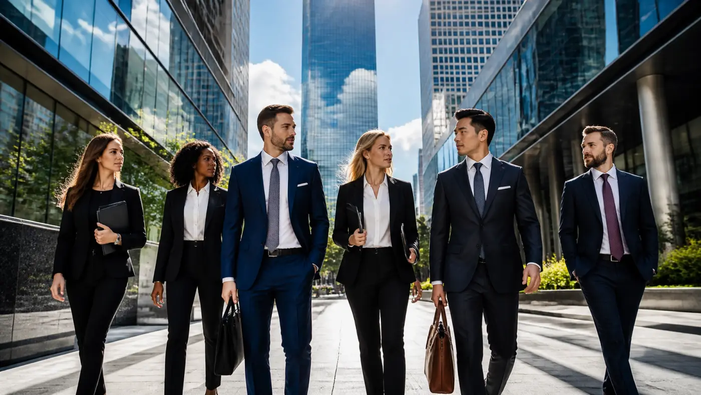 Attorneys walking through the vibrant Houston legal district between modern skyscrapers.