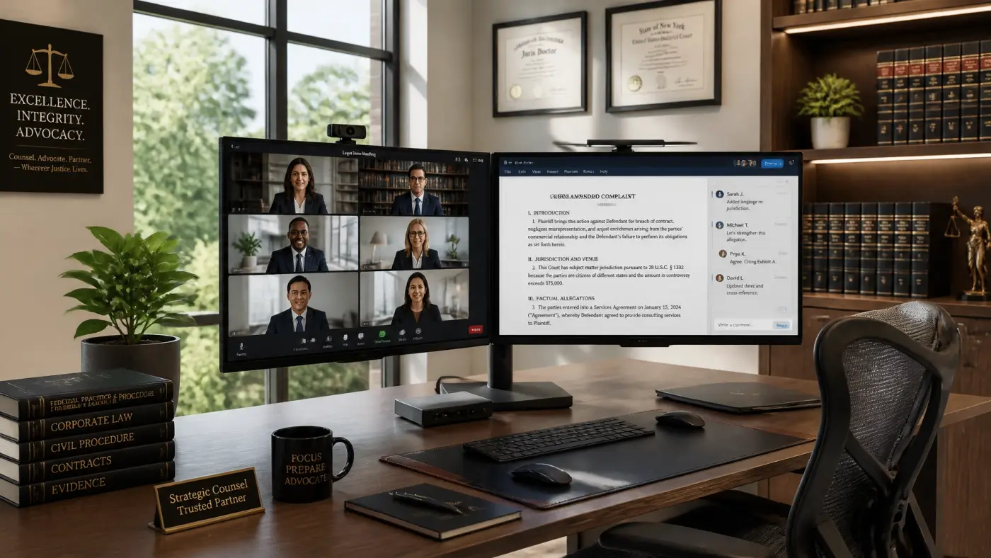A modern, professional home office setup showing a lawyer in a video conference with legal documents.