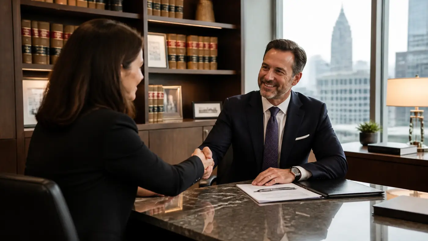 A law firm partner and a legal recruiter shaking hands across a polished desk, representing a strategic partnership.