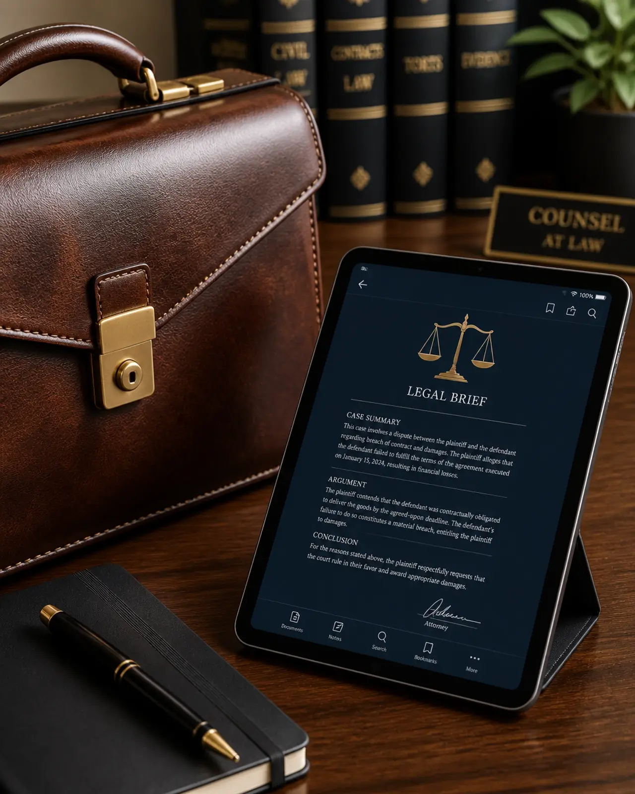 A leather briefcase and modern tablet, representing the intersection of traditional legal practice and modern efficiency.