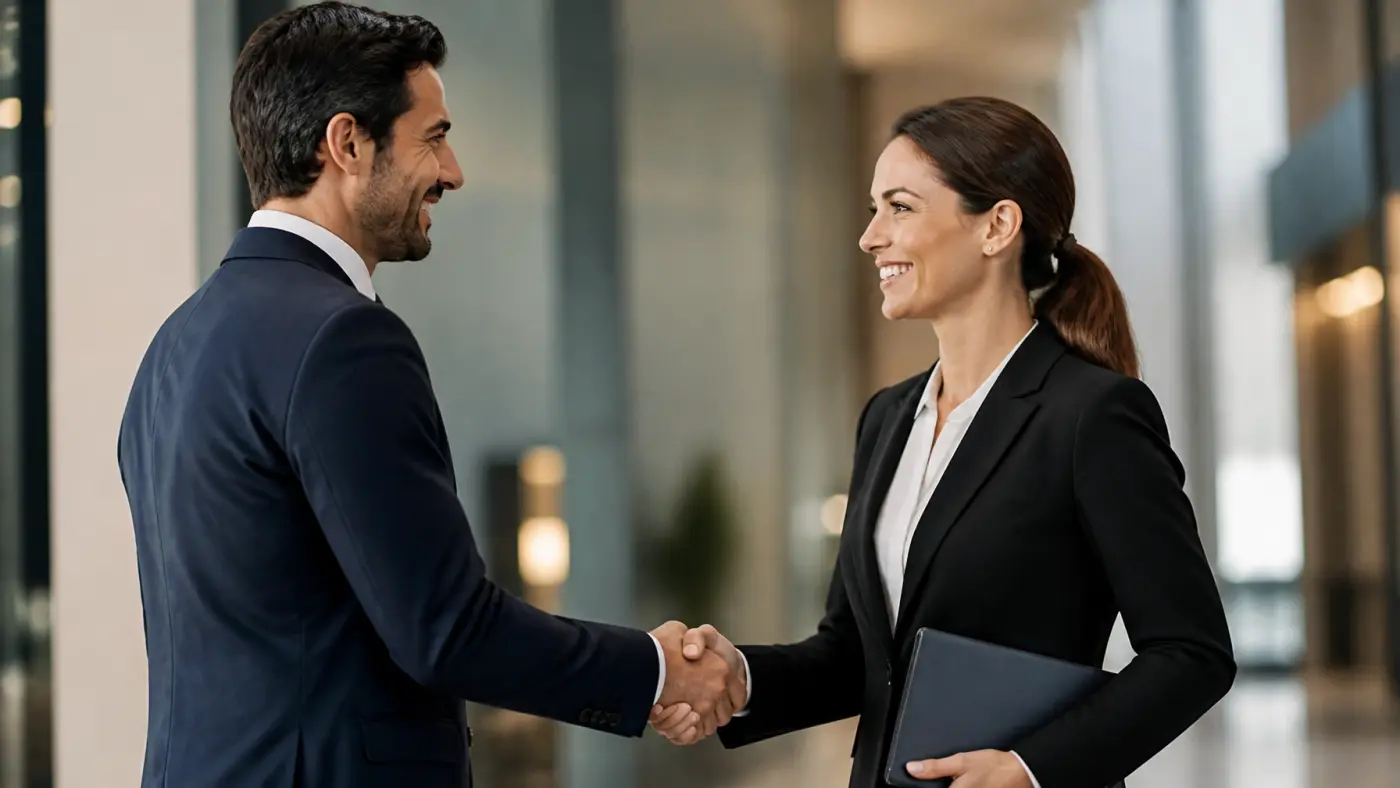 Two legal professionals shaking hands, symbolizing a successful placement and partnership.