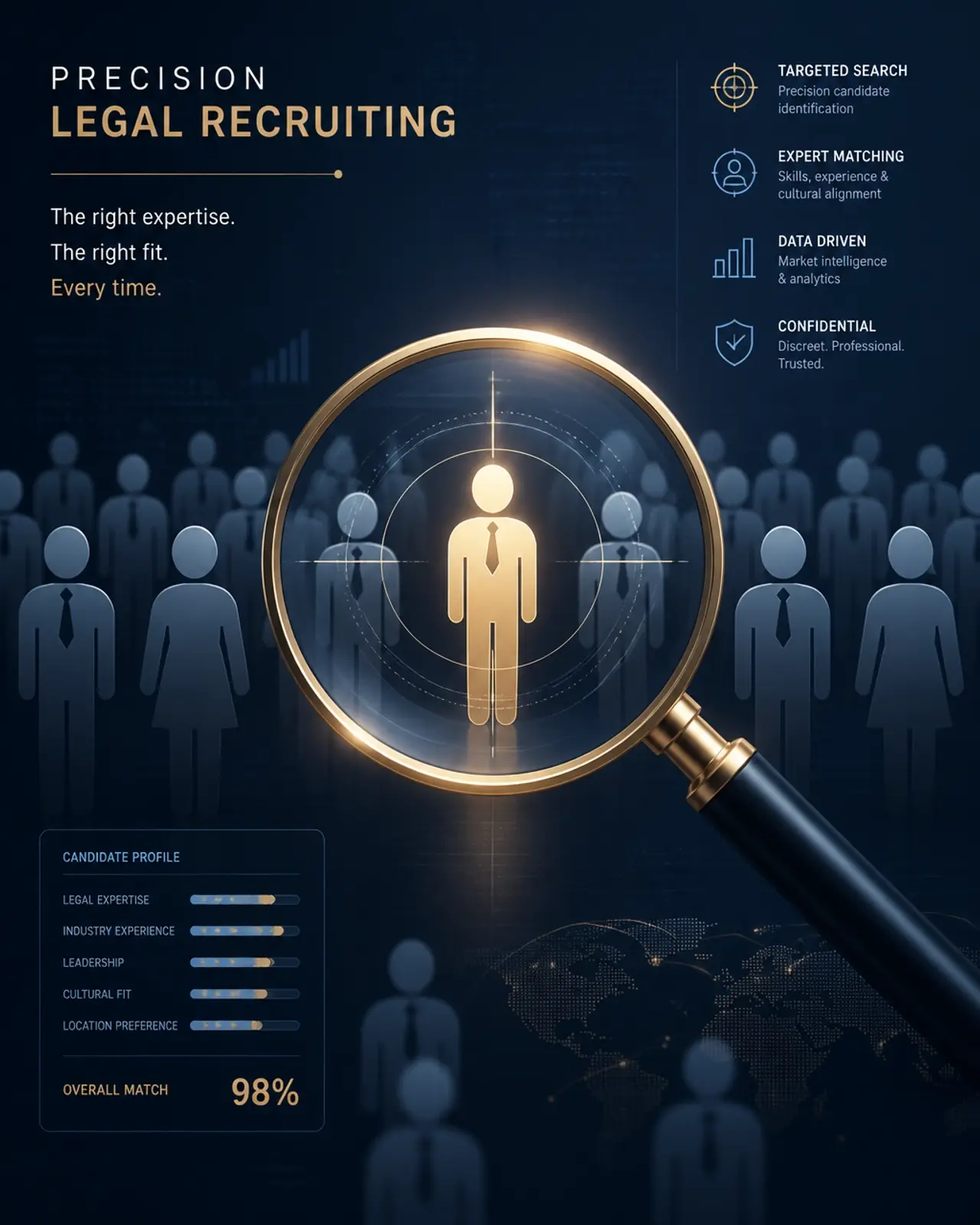 A conceptual illustration showing precision legal recruiting, focusing on the right candidate through a magnifying glass of data and strategy.